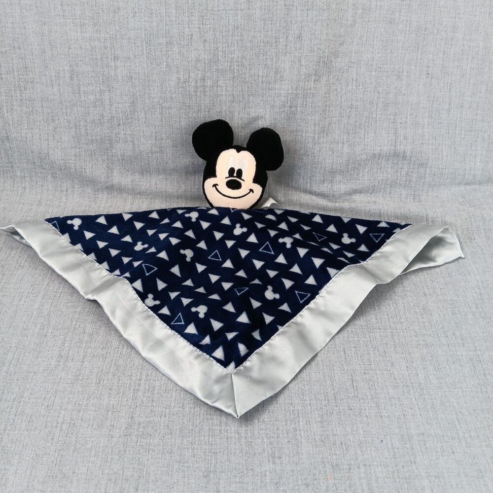 Disney Baby Mickey Mouse Lovey Security Blanket Blue Silver Satin Plush Flawed